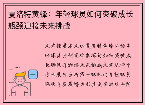 夏洛特黄蜂：年轻球员如何突破成长瓶颈迎接未来挑战